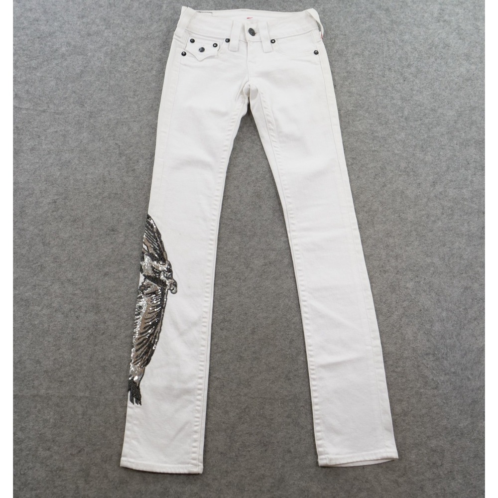 True Religion Jeans Womens 24 White Billy Sequin Eagle Straight Leg Y2K New